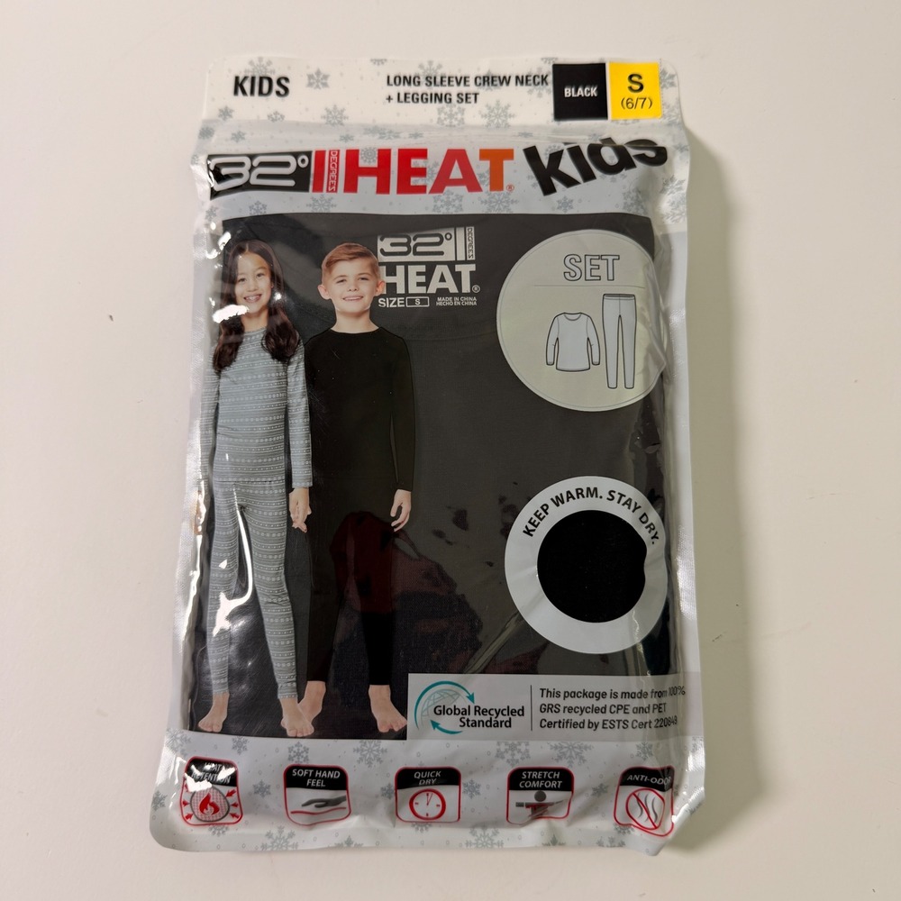 32 Degrees Heat Kids Thermal Set Long Sleeve Top Leggings Black Size S 6/7